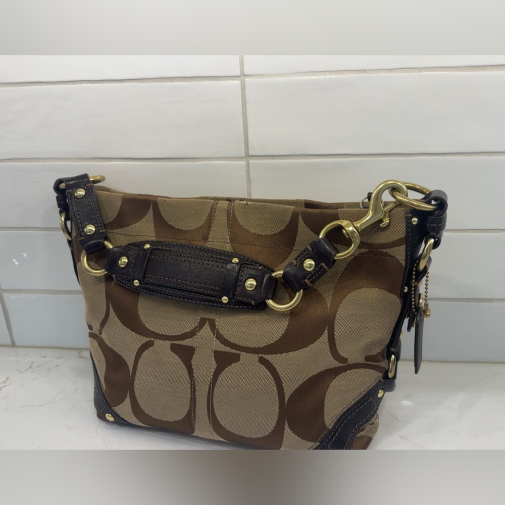 Coach Tan and Brown Shoulder Bag with Gold Accents